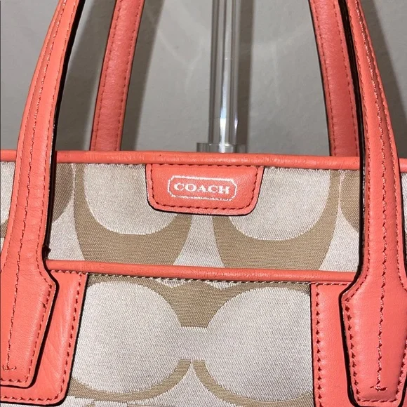 Coach Beige Signature Tote with Coral Trim - Picture 3 of 7